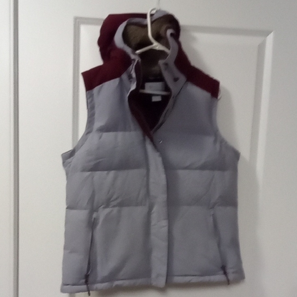 Columbia Gray Puffer Vest with Burgundy Hood